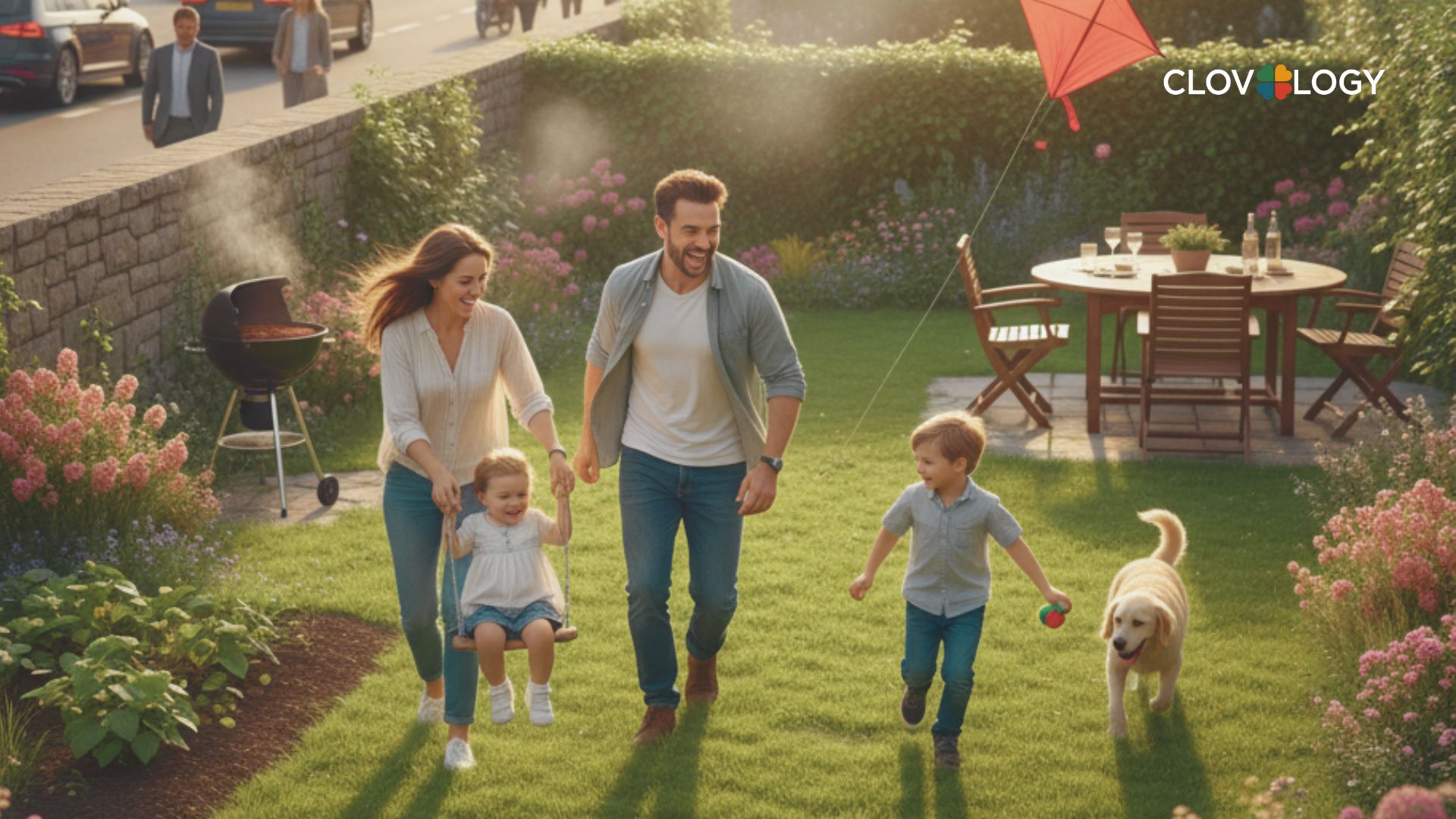 The man has financial freedom, he is enjoying himself with his wife and children in his garden.